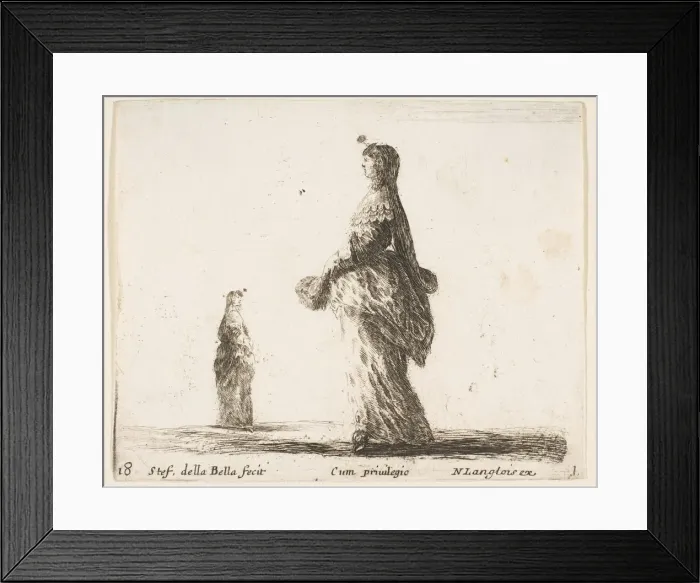 Framed Print : Plate 18: a noblewoman walking towards the left with a feathered fan, another woman Framed Print : Plate 18: a noblewoman walking towards the left with a feathered fan, another woman