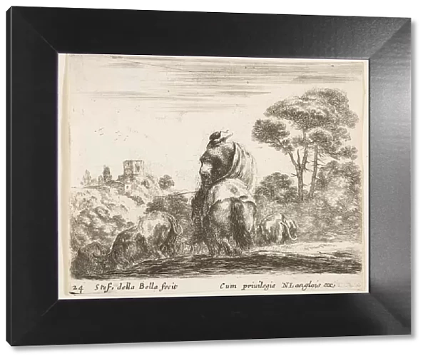 Plate 24: herdsman atop a horse, seen from behind, leads his cattle down a hill, a