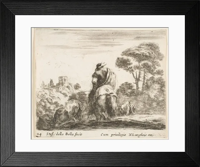 Framed Print : Plate 24: herdsman atop a horse, seen from behind, leads his cattle down a hill, a Framed Print : Plate 24: herdsman atop a horse, seen from behind, leads his cattle down a hill, a
