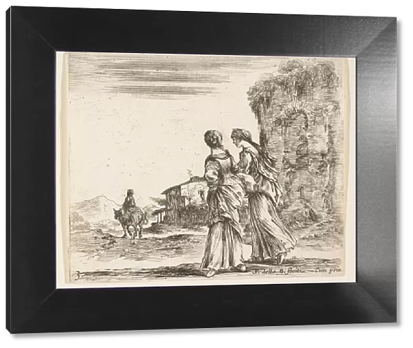 Plate 3: two girls walking towards the left, seen from behind, a woman on a horse t