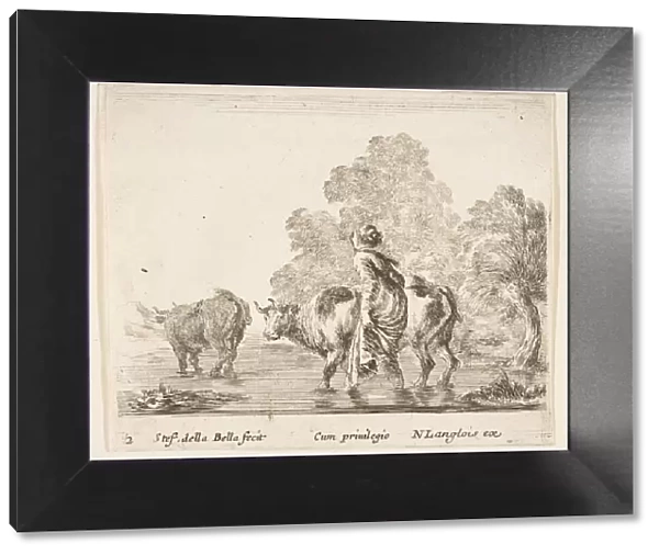 Plate 2: a peasant woman herds two cows across a stream, walking towards the left... ca