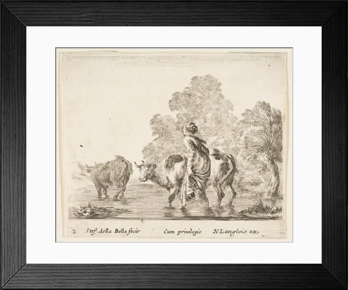 Framed Print : Plate 2: a peasant woman herds two cows across a stream, walking towards the left... ca Framed Print : Plate 2: a peasant woman herds two cows across a stream, walking towards the left... ca