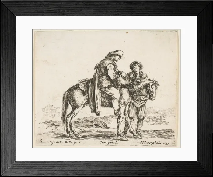 Framed Print : Plate 6: a peasant on horseback in profile facing the right, holding a basket and t Framed Print : Plate 6: a peasant on horseback in profile facing the right, holding a basket and t