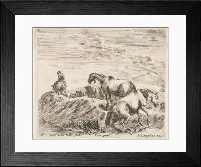 Framed Print : Plate 7: two horses ascending the bank of a river at right, following a procession Framed Print : Plate 7: two horses ascending the bank of a river at right, following a procession