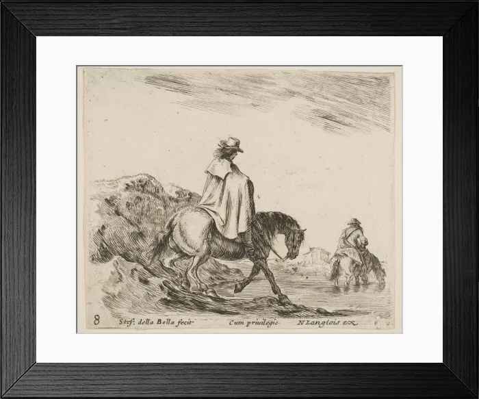 Framed Print : Plate 8: a horseman descends a riverbank, another horseman in river to right Framed Print : Plate 8: a horseman descends a riverbank, another horseman in river to right