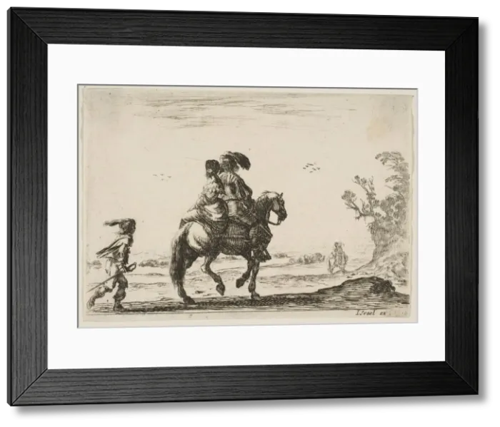 Framed Print : Plate 10: a horseman and a woman, seen from behind, riding towards the right with a young Framed Print : Plate 10: a horseman and a woman, seen from behind, riding towards the right with a young