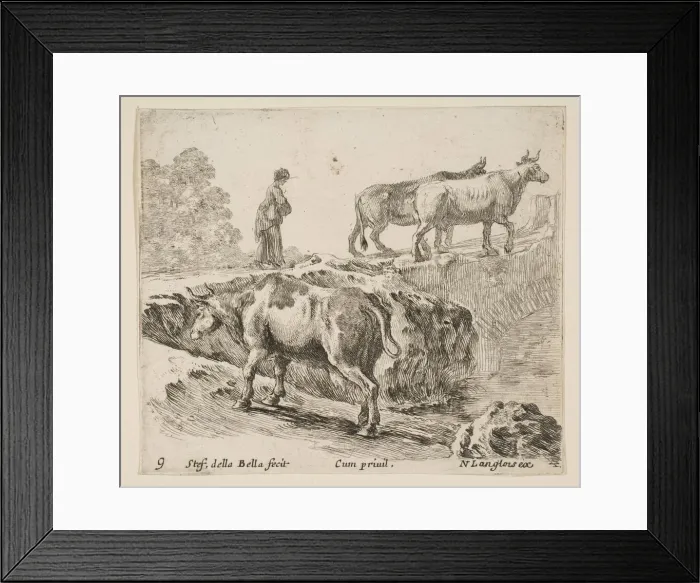 Framed Print : Plate 9: a cow ascending a bank, a peasant woman leading two cows across a bridge i Framed Print : Plate 9: a cow ascending a bank, a peasant woman leading two cows across a bridge i