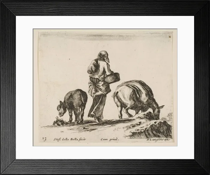 Framed Print : Plate 13: a peasant woman, seen from the back, holding a basket in center, a donkey Framed Print : Plate 13: a peasant woman, seen from the back, holding a basket in center, a donkey
