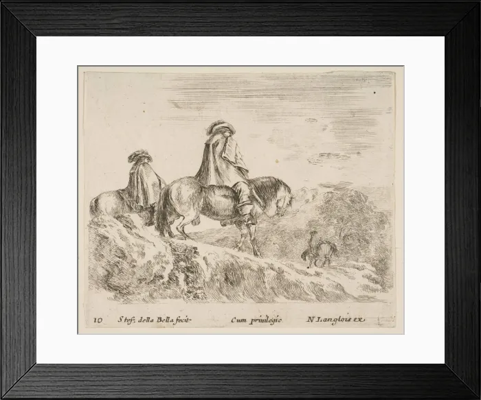 Framed Print : Plate 10: two horsemen descending a mountain at left, another horseman to right in Framed Print : Plate 10: two horsemen descending a mountain at left, another horseman to right in