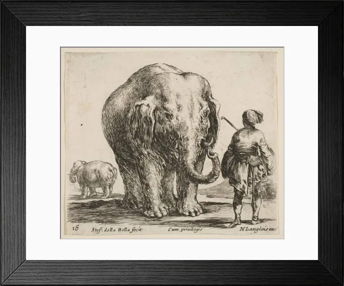 Framed Print : Plate 16: an elephant in center, his mahout standing to the right wearing an Orient Framed Print : Plate 16: an elephant in center, his mahout standing to the right wearing an Orient