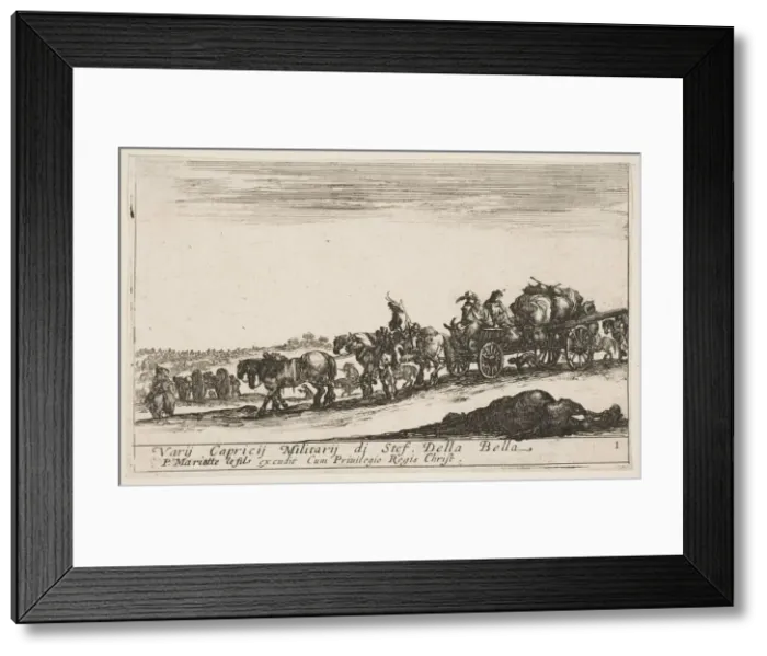 Framed Print : Plate 1: A horse drawn cart carrying people and goods, dead horse in the foreground, f Framed Print : Plate 1: A horse drawn cart carrying people and goods, dead horse in the foreground, f