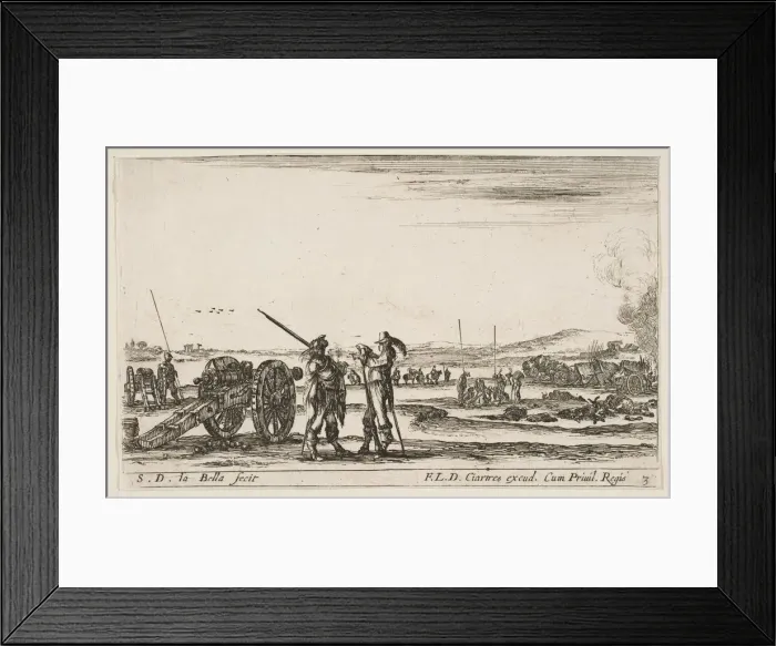Framed Print : Plate 3: An officer giving orders to a solider in centre foreground, cannon at left, f Framed Print : Plate 3: An officer giving orders to a solider in centre foreground, cannon at left, f