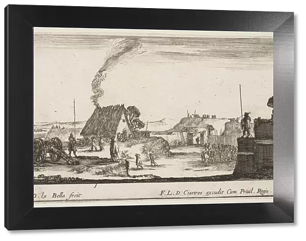 Plate 4: A military encampment with a soldier standing on a parapet to the right beati