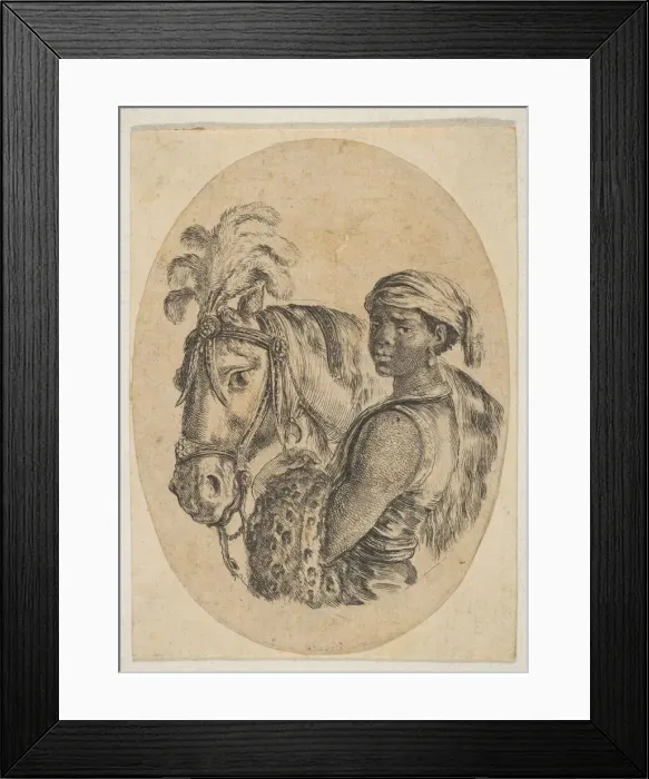 Framed Print : Black slave carries a leopard pelt and holds the bridle of a horse, from Several heads Framed Print : Black slave carries a leopard pelt and holds the bridle of a horse, from Several heads