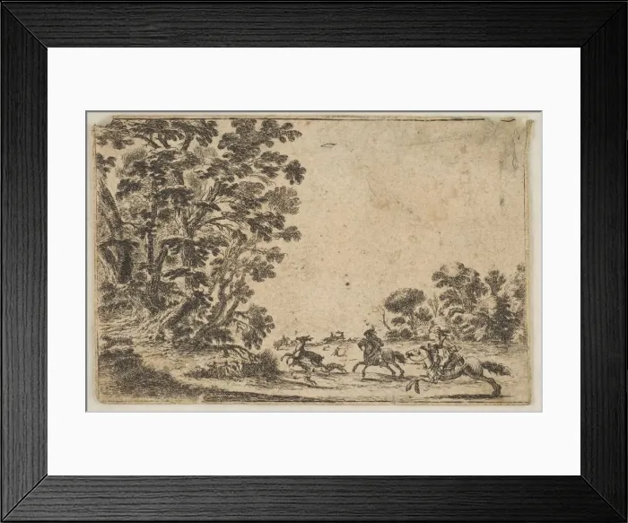 Framed Print : Plate 4: a deer hunt, two horsemen galloping towards the rightbehind three dogs Framed Print : Plate 4: a deer hunt, two horsemen galloping towards the rightbehind three dogs