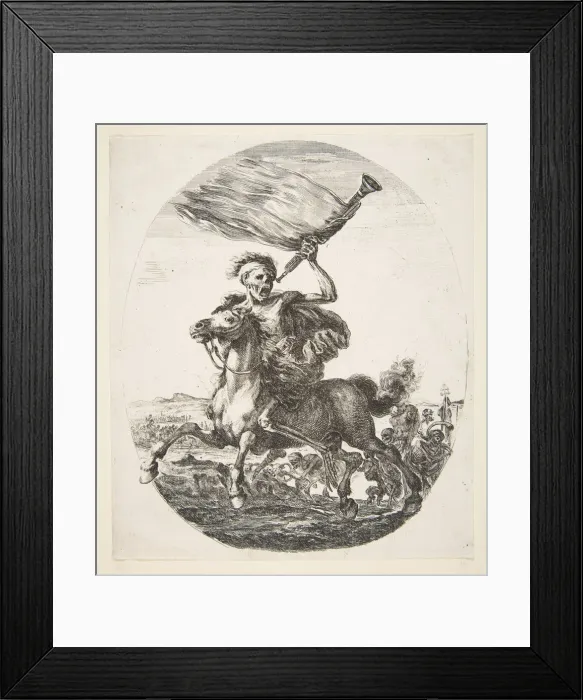 Framed Print : Death on horseback holding a trumpet, from The five deaths (Les cinq Morts), ca. 1648 Framed Print : Death on horseback holding a trumpet, from The five deaths (Les cinq Morts), ca. 1648