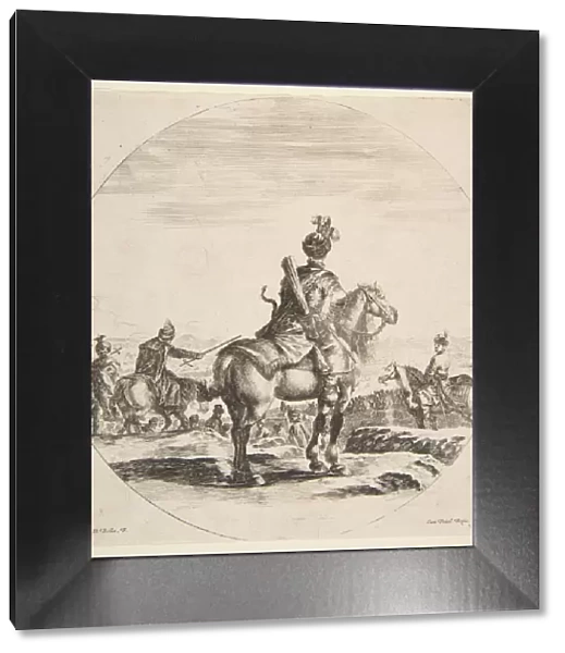 Polish horseman with a bow and arrow, seen from behind with his horse facing right, a