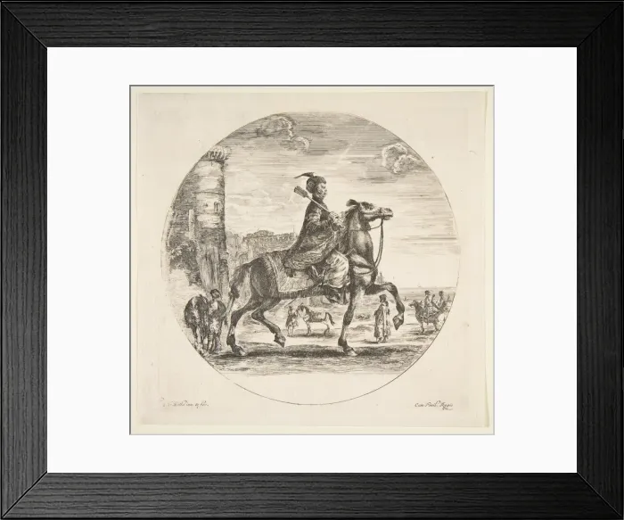 Framed Print : Polish horseman in profile facing right, a tower and other figures on horses in backgr Framed Print : Polish horseman in profile facing right, a tower and other figures on horses in backgr