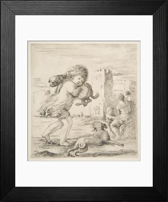 Framed Print : Child Carrying a Puppy on his Shoulder, ca. 1662. Creator: Stefano della Bella Framed Print : Child Carrying a Puppy on his Shoulder, ca. 1662. Creator: Stefano della Bella