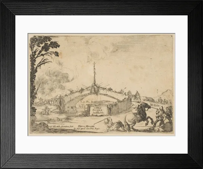 Framed Print : Combat on a bridge, a horseman and two footsoldiers battle with swords at bottom right Framed Print : Combat on a bridge, a horseman and two footsoldiers battle with swords at bottom right