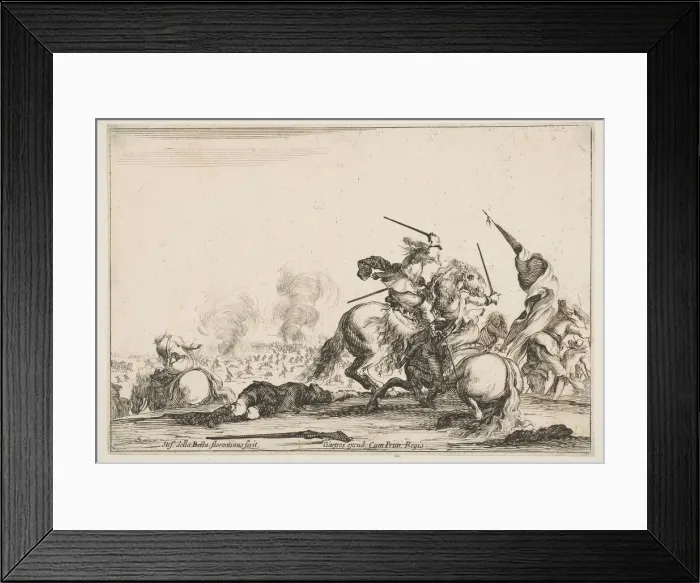 Framed Print : A skirmish, two horsemen battling with swords to the right, men carrying a flag runnin Framed Print : A skirmish, two horsemen battling with swords to the right, men carrying a flag runnin