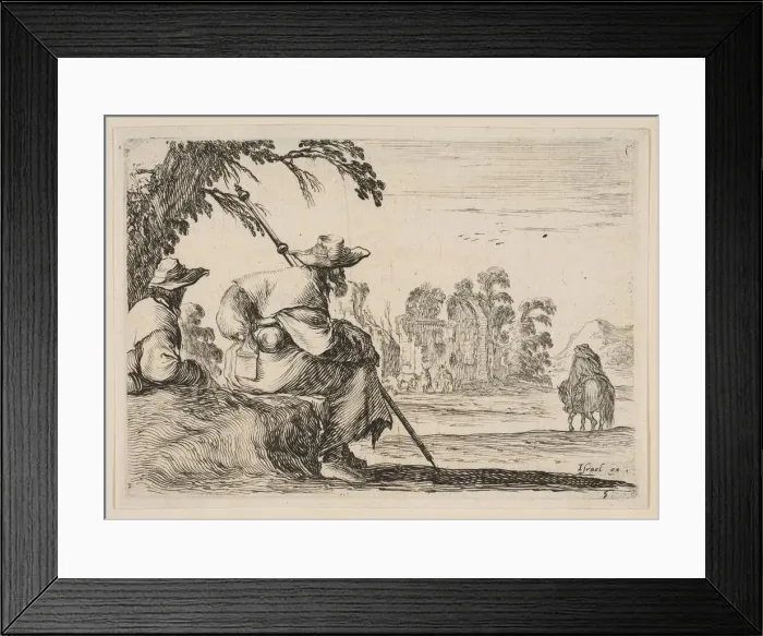 Framed Print : Plate 5: two pilgrims with hats rest to the left, seen from behind