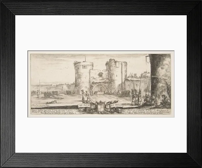 Framed Print : An entrance to a fortress in center, a woman with child seated by a fire to right, sol Framed Print : An entrance to a fortress in center, a woman with child seated by a fire to right, sol