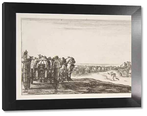 A procession of horse-drawn cannon carriages to left, horsemen in combat and a dead ho