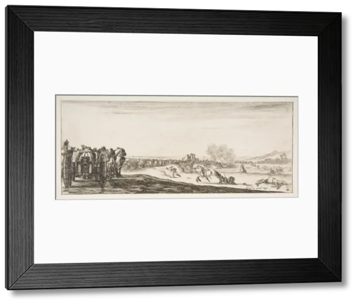 Framed Print : A procession of horse-drawn cannon carriages to left, horsemen in combat and a dead ho