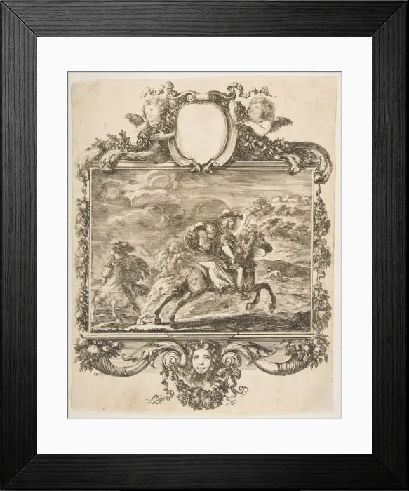 Framed Print : A cavalier and a lady on horseback, within an ornate border decorated with fruit and c Framed Print : A cavalier and a lady on horseback, within an ornate border decorated with fruit and c