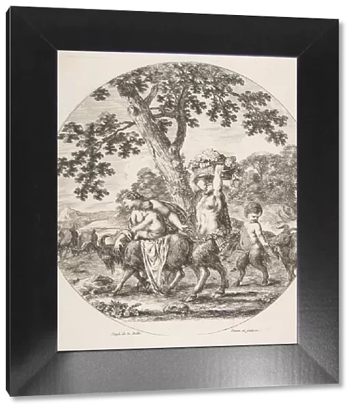 Satyr family walking towards the left with two goats and a basket of grapes, ca. 1657
