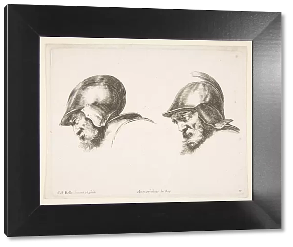 Plate 10: two heads of old soldiers wearing helmets, both facing left and looking down