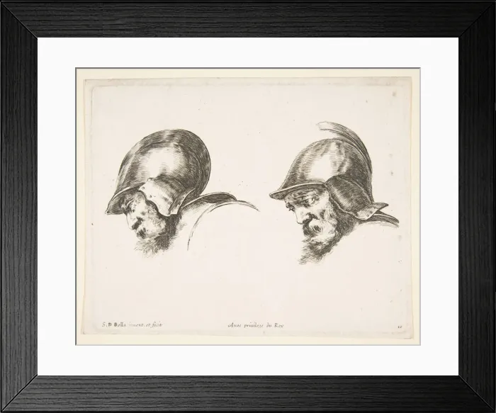 Framed Print : Plate 10: two heads of old soldiers wearing helmets, both facing left and looking down Framed Print : Plate 10: two heads of old soldiers wearing helmets, both facing left and looking down