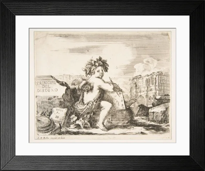 Framed Print : Plate 1: the genius of drawing, a child with wings, seated on a rock in center turn Framed Print : Plate 1: the genius of drawing, a child with wings, seated on a rock in center turn