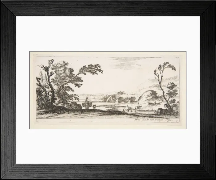 Framed Print : Plate 3: two horsemen crossing a river to right, a woman with two baskets atop a donke Framed Print : Plate 3: two horsemen crossing a river to right, a woman with two baskets atop a donke