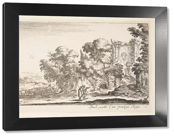 Plate 4: two pilgrims observing ruins to right, one pointing towards the right, a shep