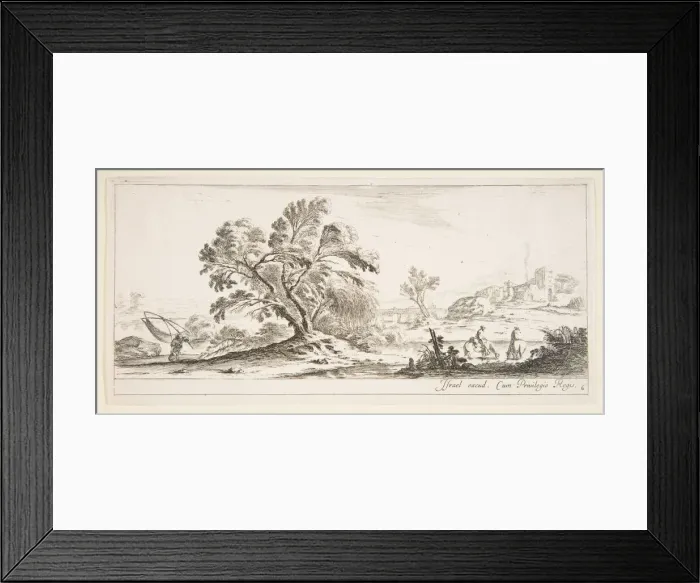 Framed Print : Plate 6: a fisherman carrying a net to left, two horsemen in a stream to right, a tree Framed Print : Plate 6: a fisherman carrying a net to left, two horsemen in a stream to right, a tree