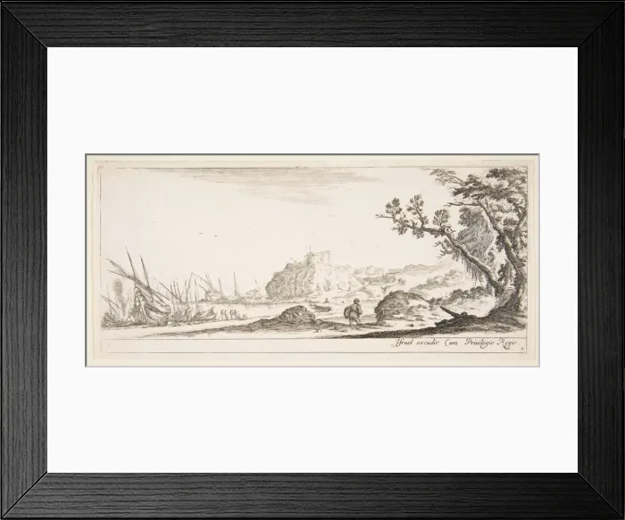 Framed Print : Plate 7: various boats on shore to left, a man carrying a bag, seen from behind and wa Framed Print : Plate 7: various boats on shore to left, a man carrying a bag, seen from behind and wa