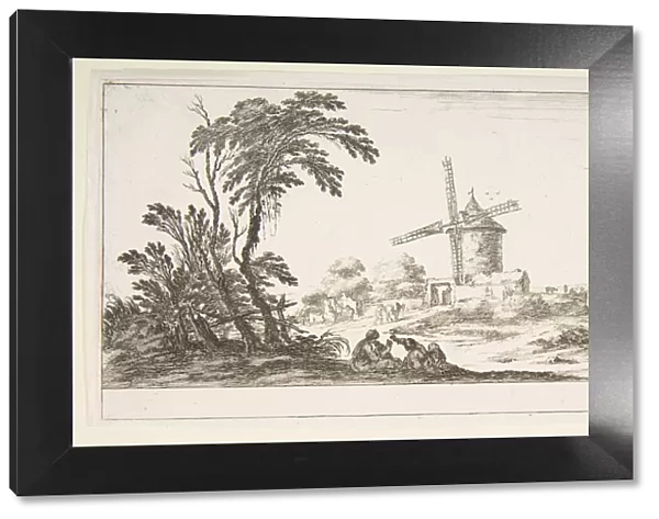 Plate 10: a family in center foreground, various figures and horses in middleground, a