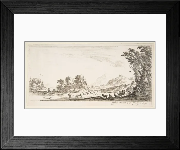 Framed Print : Plate 11: shepherdess seated to the right under a tree, watching her flock to the left Framed Print : Plate 11: shepherdess seated to the right under a tree, watching her flock to the left