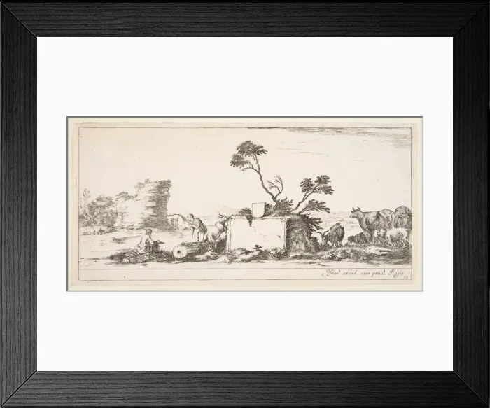 Framed Print : Plate 12: a seated draughtsman to left, a standing shepherd next to him to right, ruin Framed Print : Plate 12: a seated draughtsman to left, a standing shepherd next to him to right, ruin