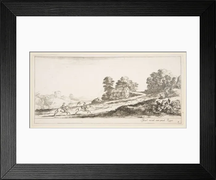 Framed Print : Plate 9: two horsemen at left galloping uphill towards the right, a horse and seated m Framed Print : Plate 9: two horsemen at left galloping uphill towards the right, a horse and seated m