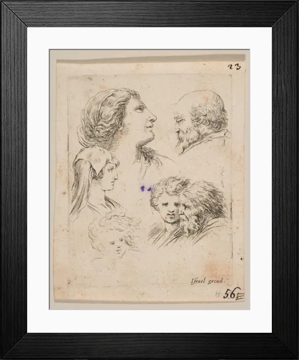 Framed Print : Plate 9: five heads, two young women at left, a bearded man at upper right, a young wo Framed Print : Plate 9: five heads, two young women at left, a bearded man at upper right, a young wo