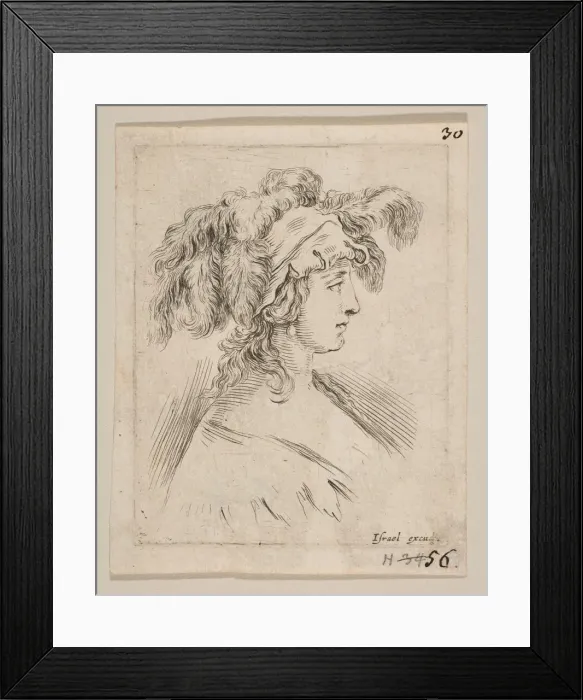 Framed Print : Plate 15: mid-bust of a young woman in profile wearing a hat topped with feathers, fro Framed Print : Plate 15: mid-bust of a young woman in profile wearing a hat topped with feathers, fro