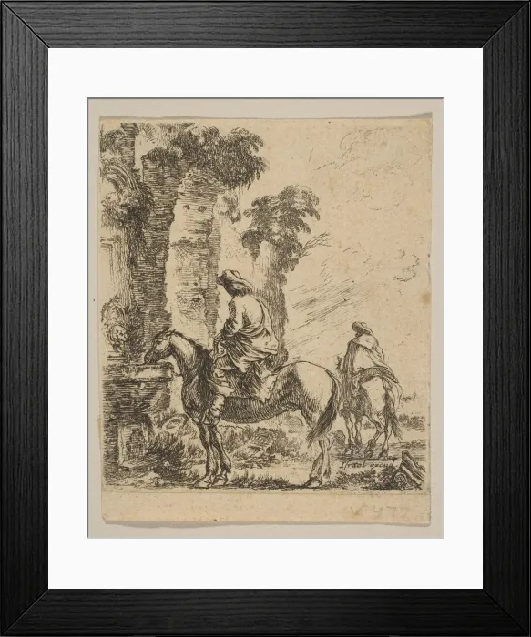Framed Print : Plate 19: Landscape with a Cavalier Watering His Horse at a Fountain, from Various fi Framed Print : Plate 19: Landscape with a Cavalier Watering His Horse at a Fountain, from Various fi