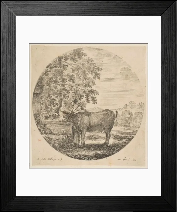 Framed Print : A peasant woman with a cow at a fountain decorated with the Medici arms, from Six ani Framed Print : A peasant woman with a cow at a fountain decorated with the Medici arms, from Six ani
