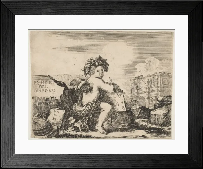 Framed Print : Plate 1: the genius of drawing, a child with wings, seated on a rock in center turn Framed Print : Plate 1: the genius of drawing, a child with wings, seated on a rock in center turn