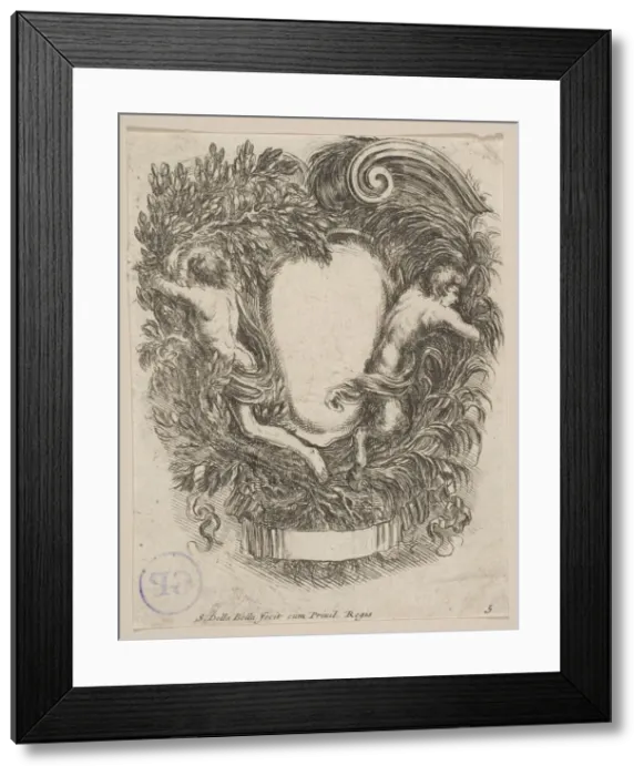 Framed Print : Cartouche Framed by Apollo and Pan, 1647. Creator: Stefano della Bella Framed Print : Cartouche Framed by Apollo and Pan, 1647. Creator: Stefano della Bella