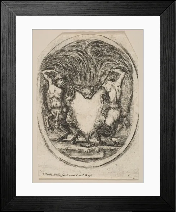 Framed Print : Cartouche Formed by a Tiger Skin Flanked by Two Centaurs, 1647 Framed Print : Cartouche Formed by a Tiger Skin Flanked by Two Centaurs, 1647