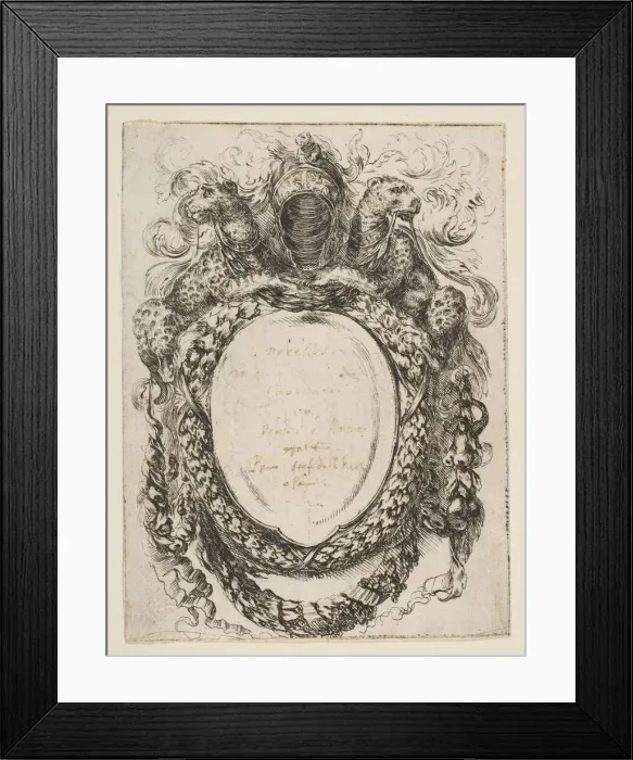 Framed Print : Cartouche Crowned by Helmet and Leopards, 1647. Creator: Stefano della Bella